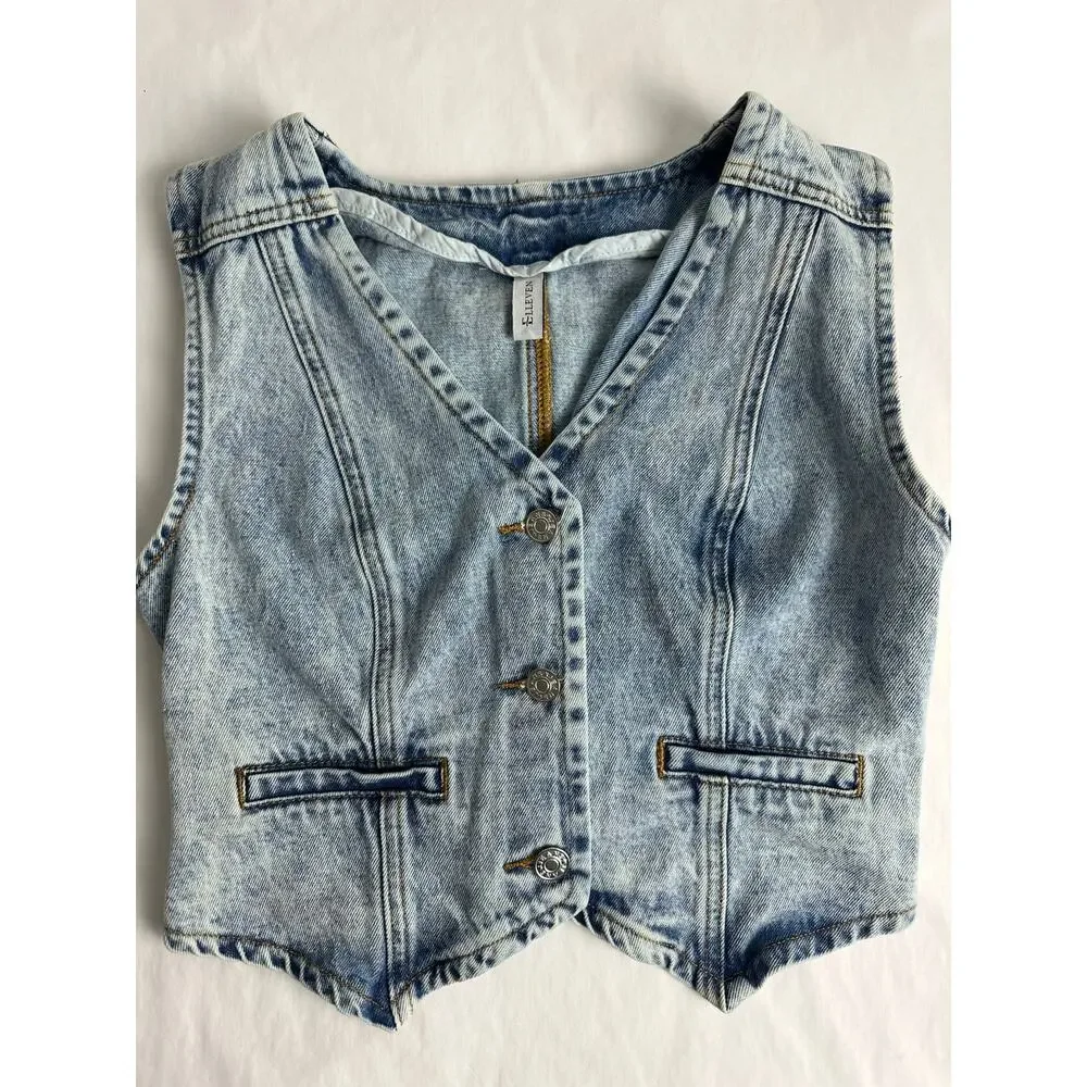 Sleeveless Light Wash Denim Vest - Crop Button Front - Picture 2 of 7